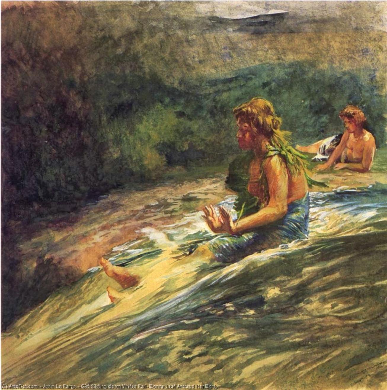 Girl Sliding Down Water Fall, Banna Leaf Around Her Body — John La Farge