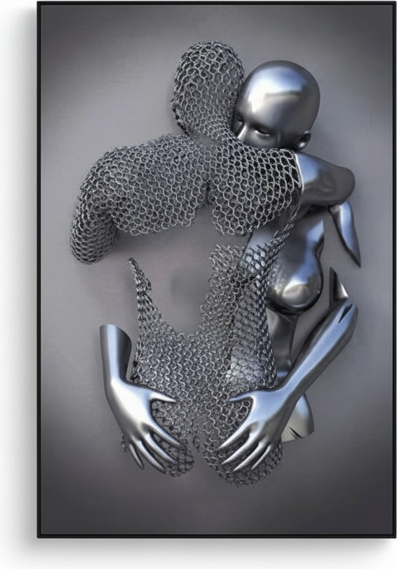 Embracing Figure Metal Wall Sculpture - Silver & Gray