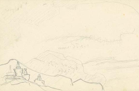 Cursory Sketch Of Mountain Landscape With Stupas — Nicholas Roerich