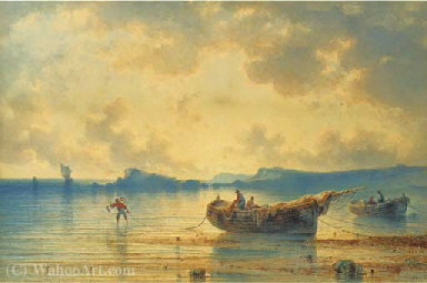 Fishermen Tending To Their Nets At Sunset — Johannes Hilverdink