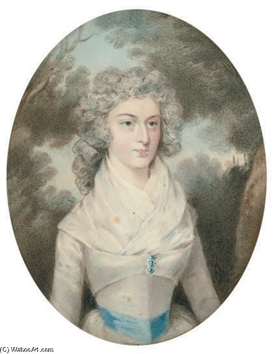 Portrait Of A Lady In A White Dress With A Blue Sash, In A Landscape — Hugh Douglas Hamilton
