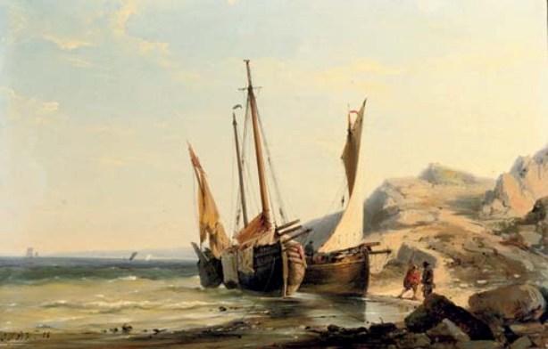 Boats Moored By A Rocky Beach — Johannes Hermann Barend Koekkoek