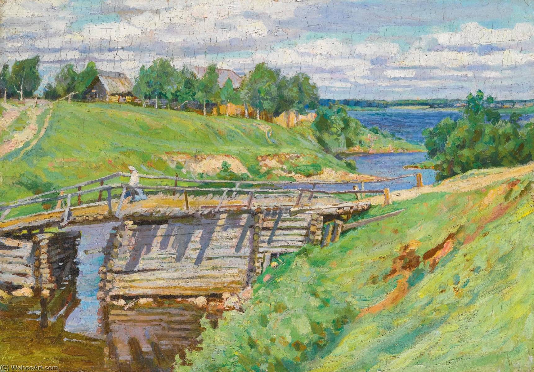 A River Landscape With A Bridge — Sergej Arsenjewitsch Winogradow