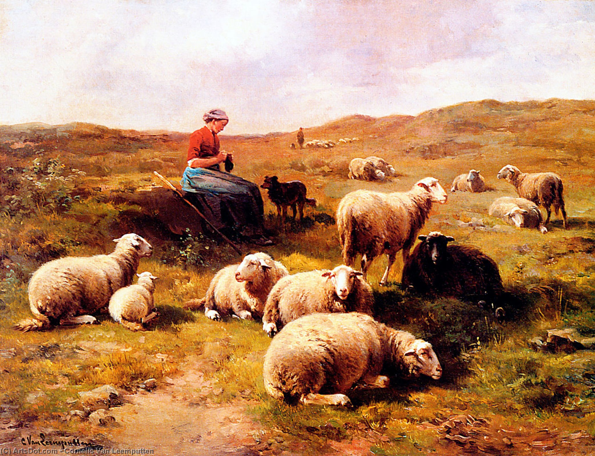 A Shepherdess With Her Flock — Cornelis Van Leemputten