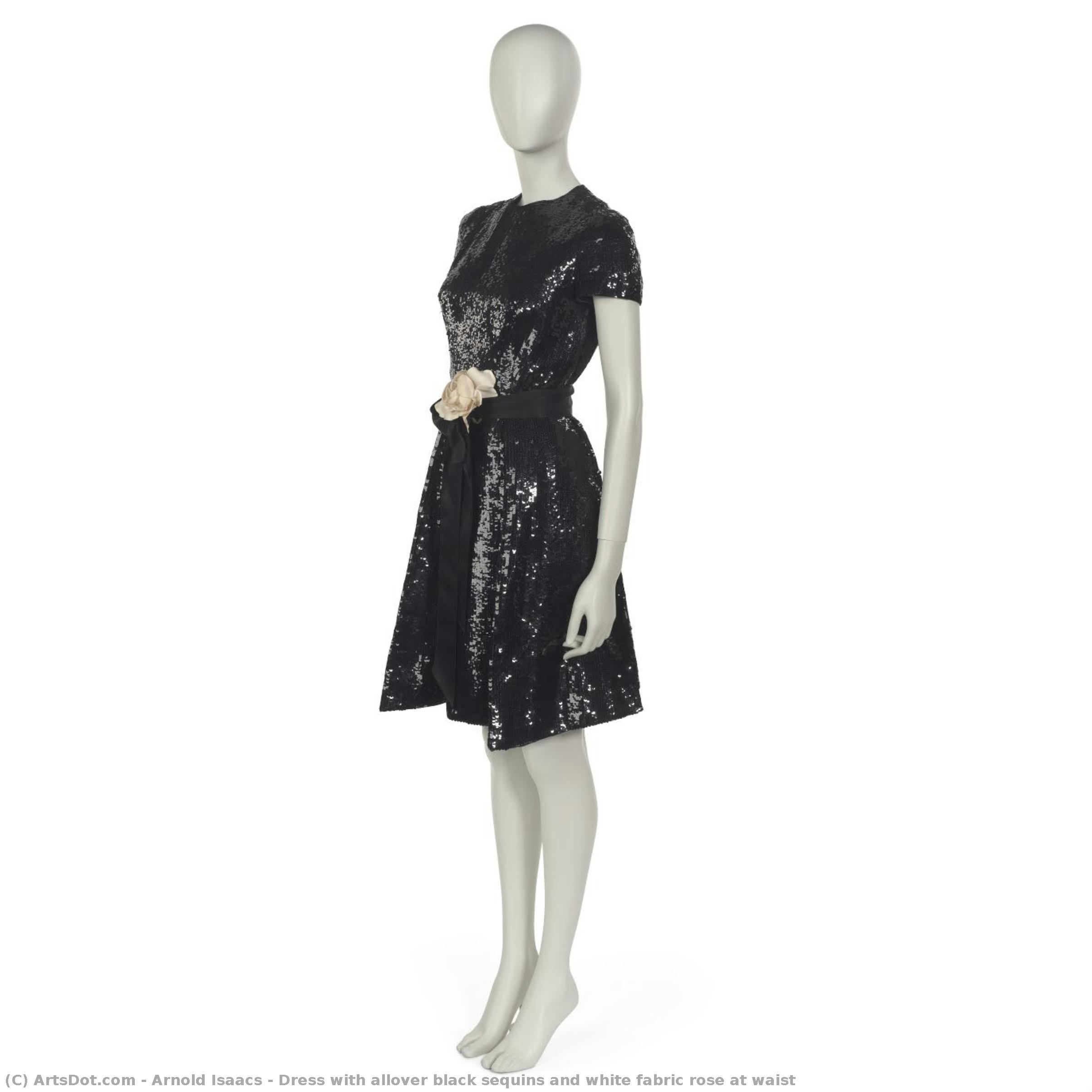 Dress With Allover Black Sequins And White Fabric Rose At Waist — Arnold Scaasi