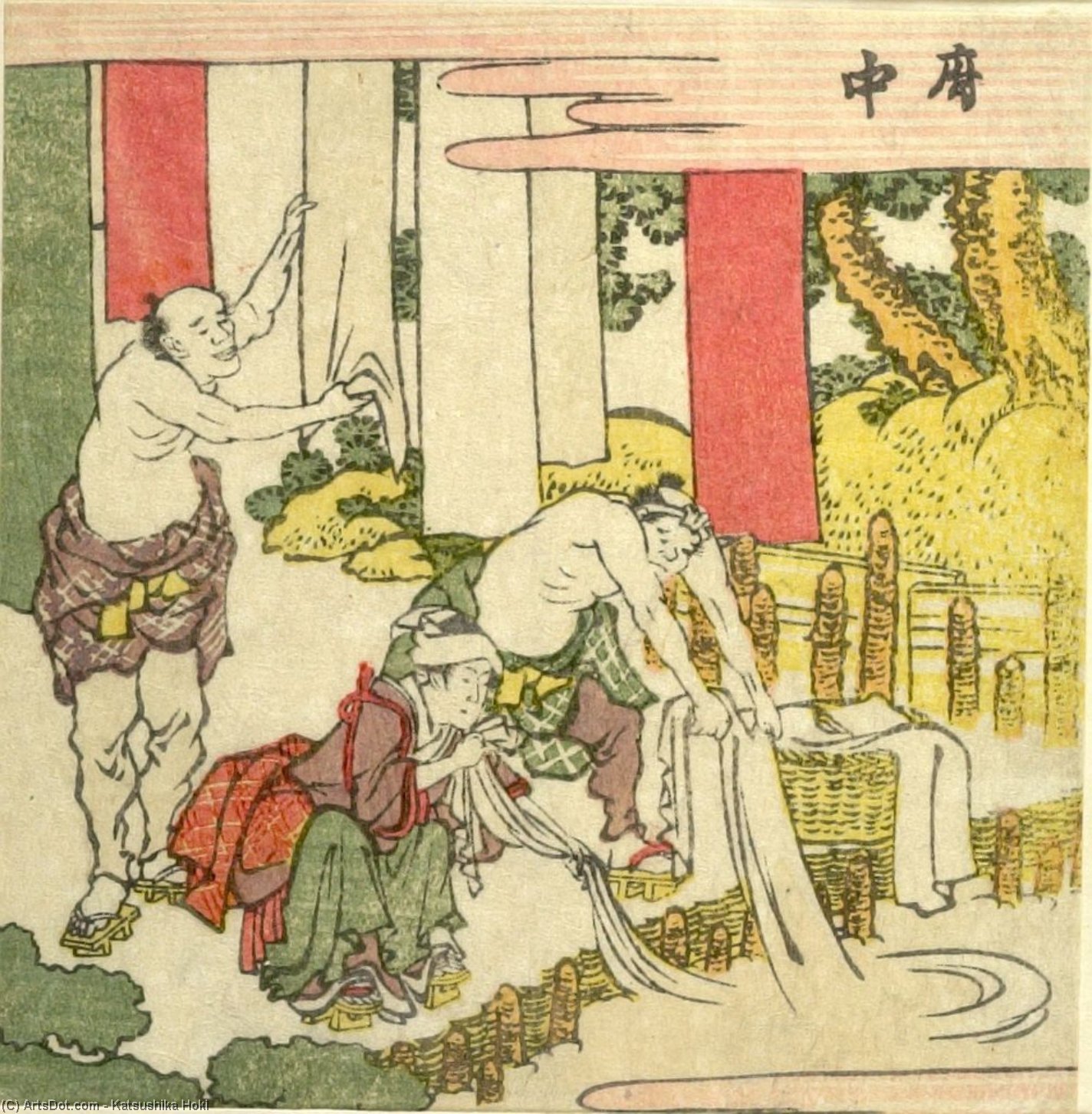 Two Men And A Woman Washing Cloths — Katsushika Hokusai