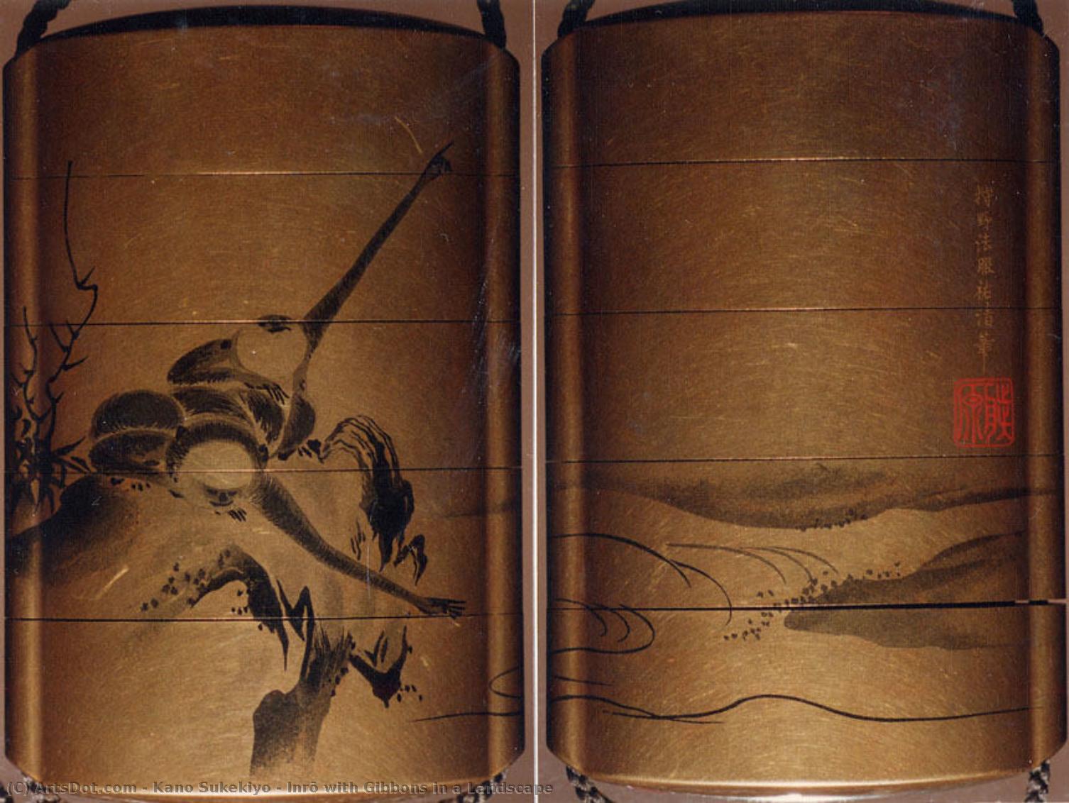 Inrō With Gibbons In A Landscape — Kanō Sukekiyo