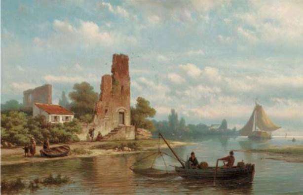 Fishermen Near A Ruin On A Riverbank — Johannes Hermann Barend Koekkoek