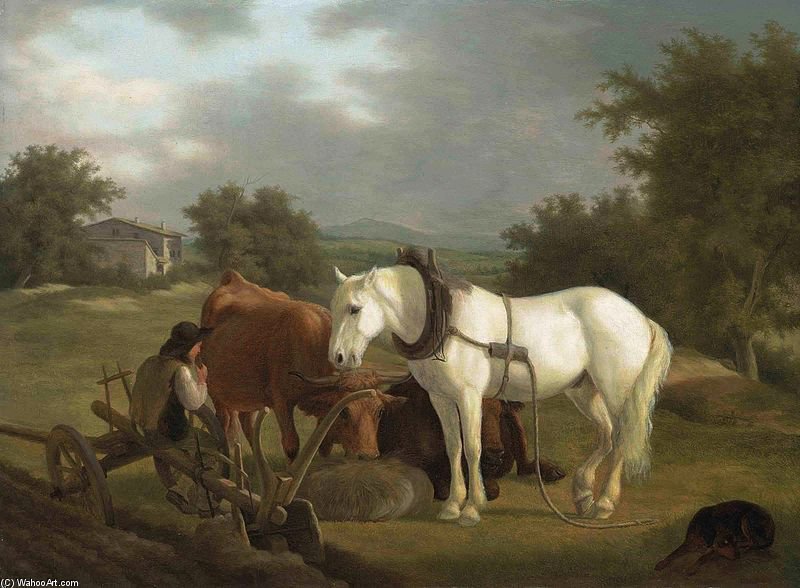 A Rural Landscape With A Ploughman Resting With His Grey Horse — Jacques Laurent Agasse