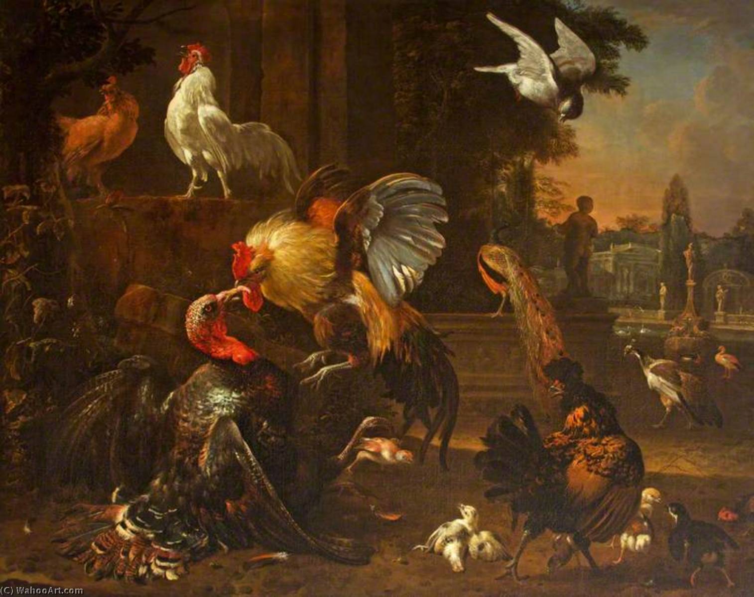 A Cock And Turkey Fighting, In A Park Setting, With Other Fowl — Melchior De Hondecoetter