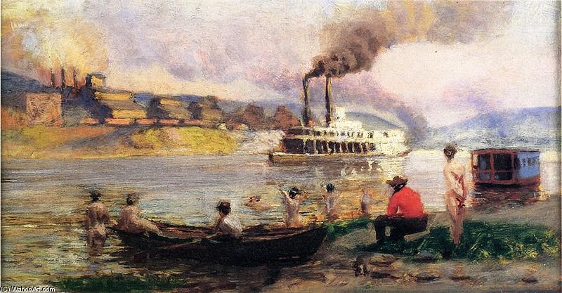 The Visit Of The Beggar And Her Child Steamboat On The Ohio — Thomas Pollock Anshutz