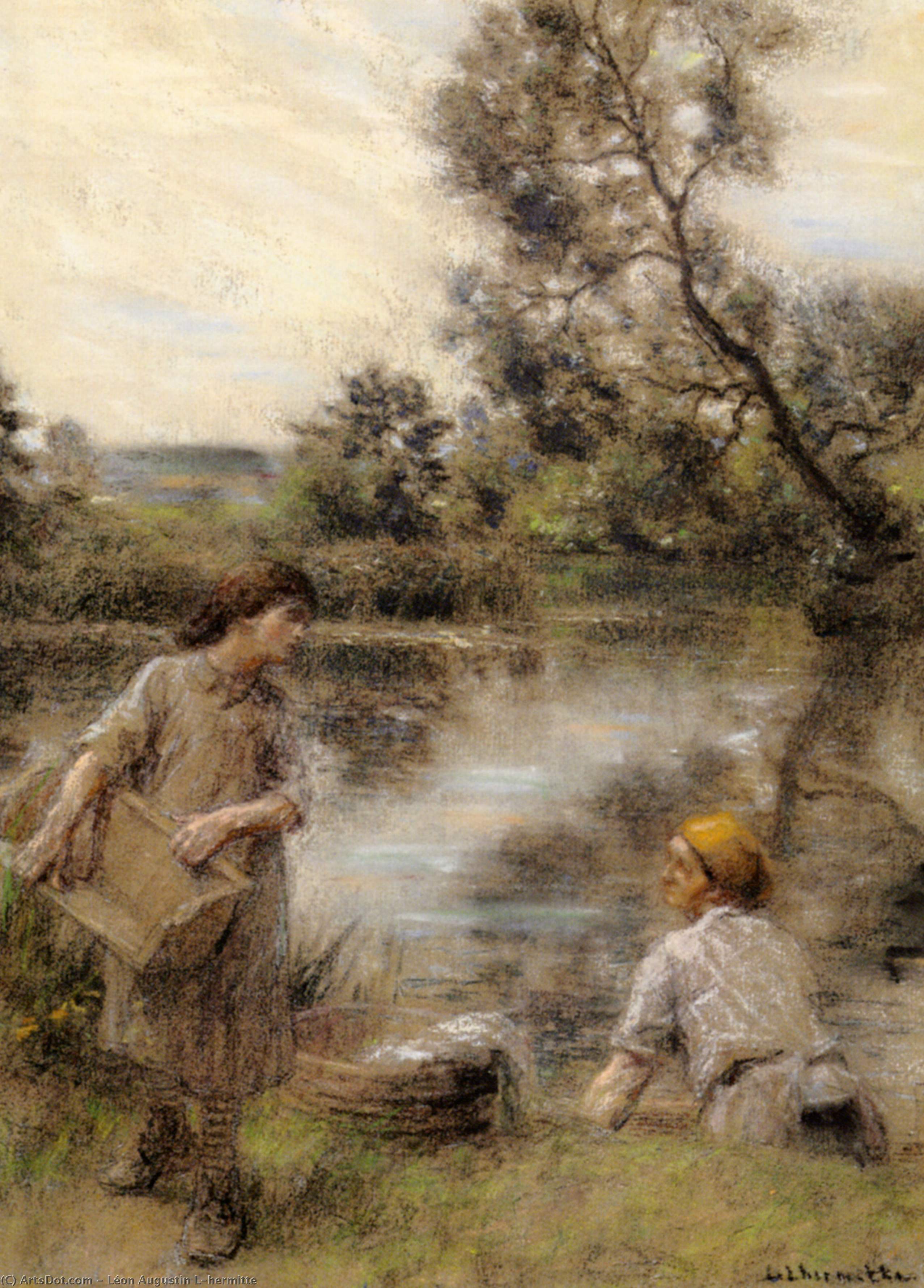 Laveuses Bord De Marne Ou Lavandiere Et Sa Fille Au Bord De La Riviere — レオン・オーギュスタン・エルミット