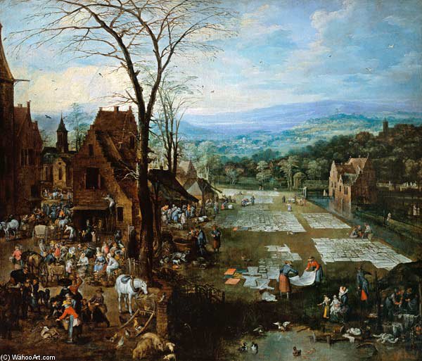 Women On The Edge Of A Flemish Town Washing Market Hustle And Bustle And Laundry — Joos De Momper