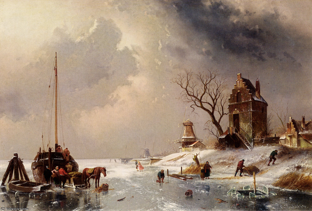 Figures Loading A Horse Drawn Cart On The Ice — Charles Henri Joseph Leickert