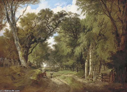 A Wooded Landscape With Figures Resting On A Track — John Berney Ladbrooke