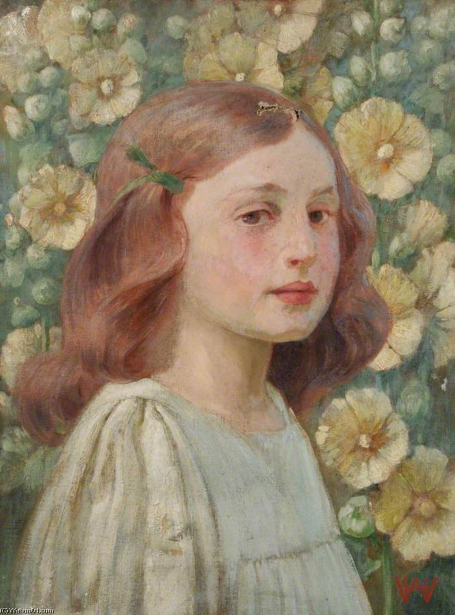 Portrait Of A Girl Amongst Hollyhocks — William Herbert Allen
