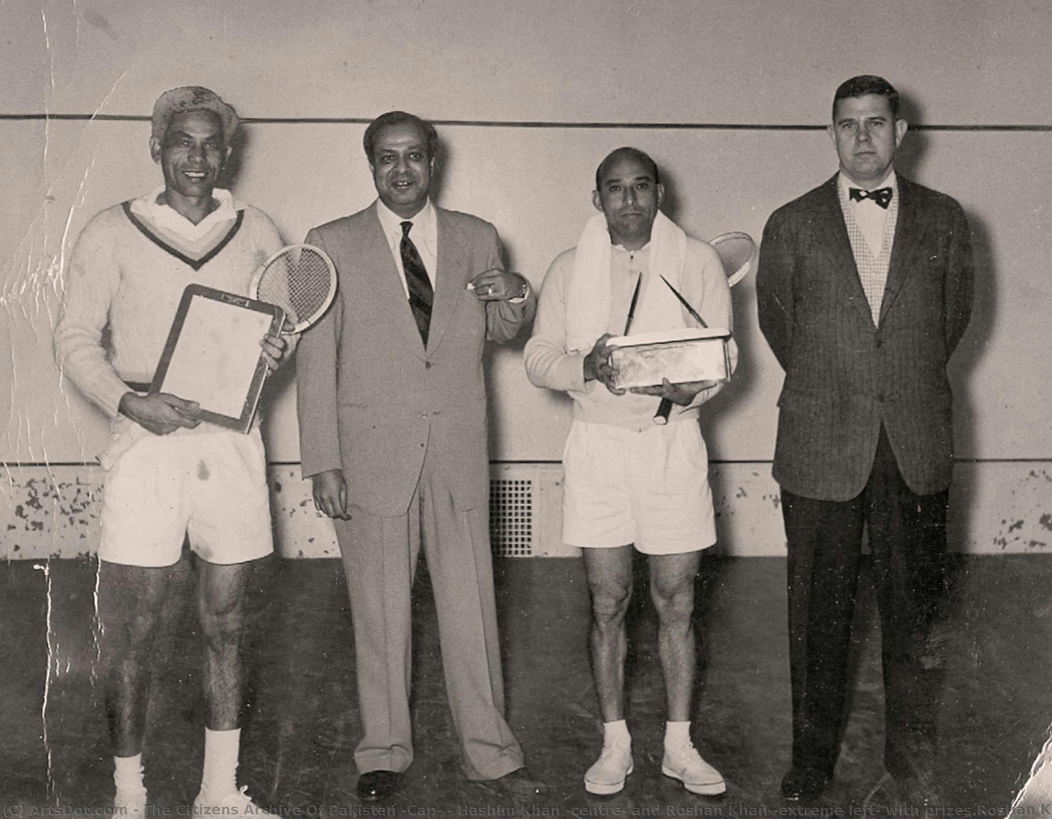 Hashim Khan (centre) And Roshan Khan (extreme Left) With Prizes.roshan Khan And Hashim Khan Are Second Cousins, Both Have Been World Champions Many Times Over, And Have Often Faced Each Other In The Final Round Of Tournaments. Circa 1950s. — The Citizens Archive Of Pakistan (cap)