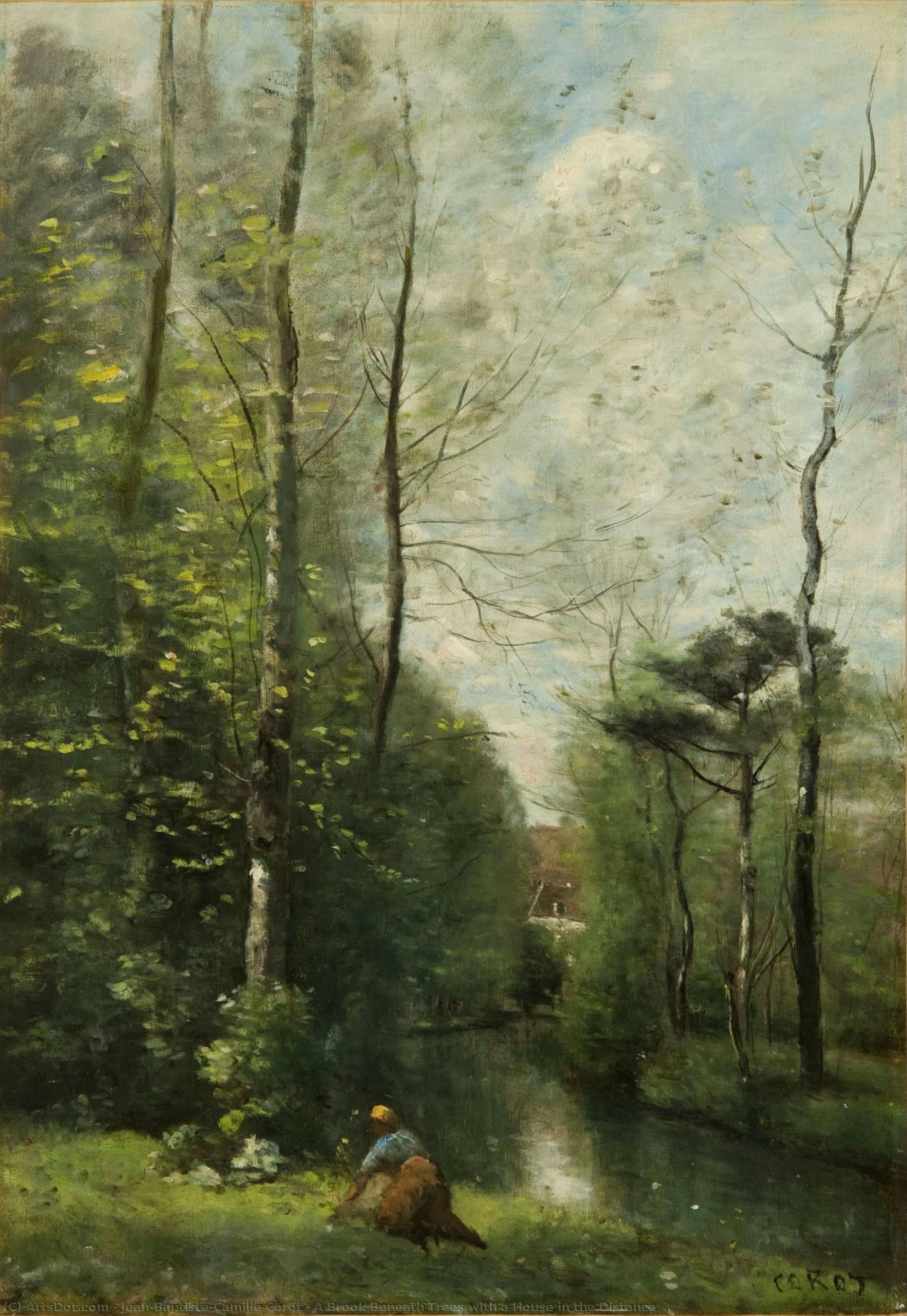 Ein Bach Unter Bäumen Mit Einem Haus In Der Ferne — Jean-baptiste-camille Corot