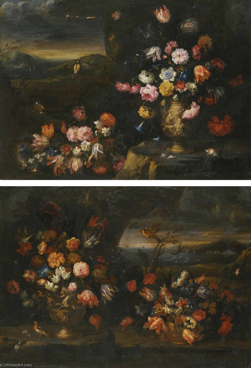 A Pair Of Still Lifes, Each With Vases Of Flowers In A Coastal Landscape Setting — Francesco Mantovano