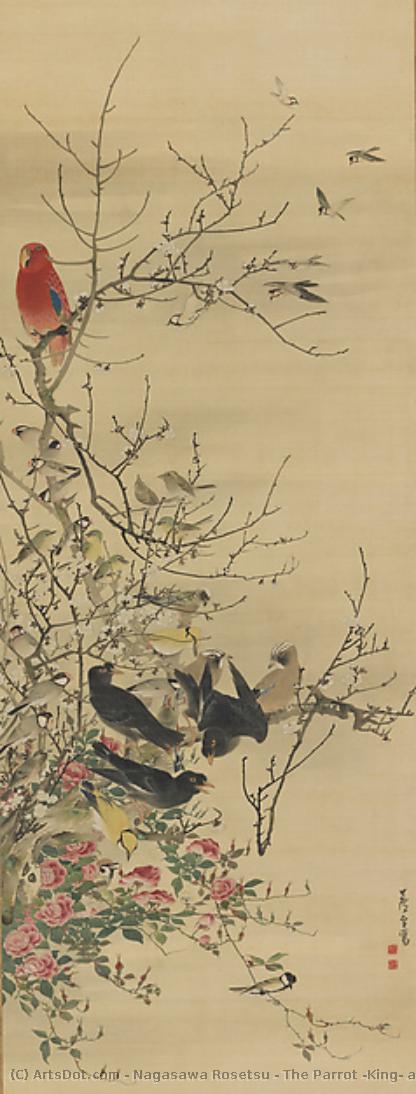 The Parrot “king” And Bird “courtiers” On Plum And Rose Branches — Nagasawa Rosetsu