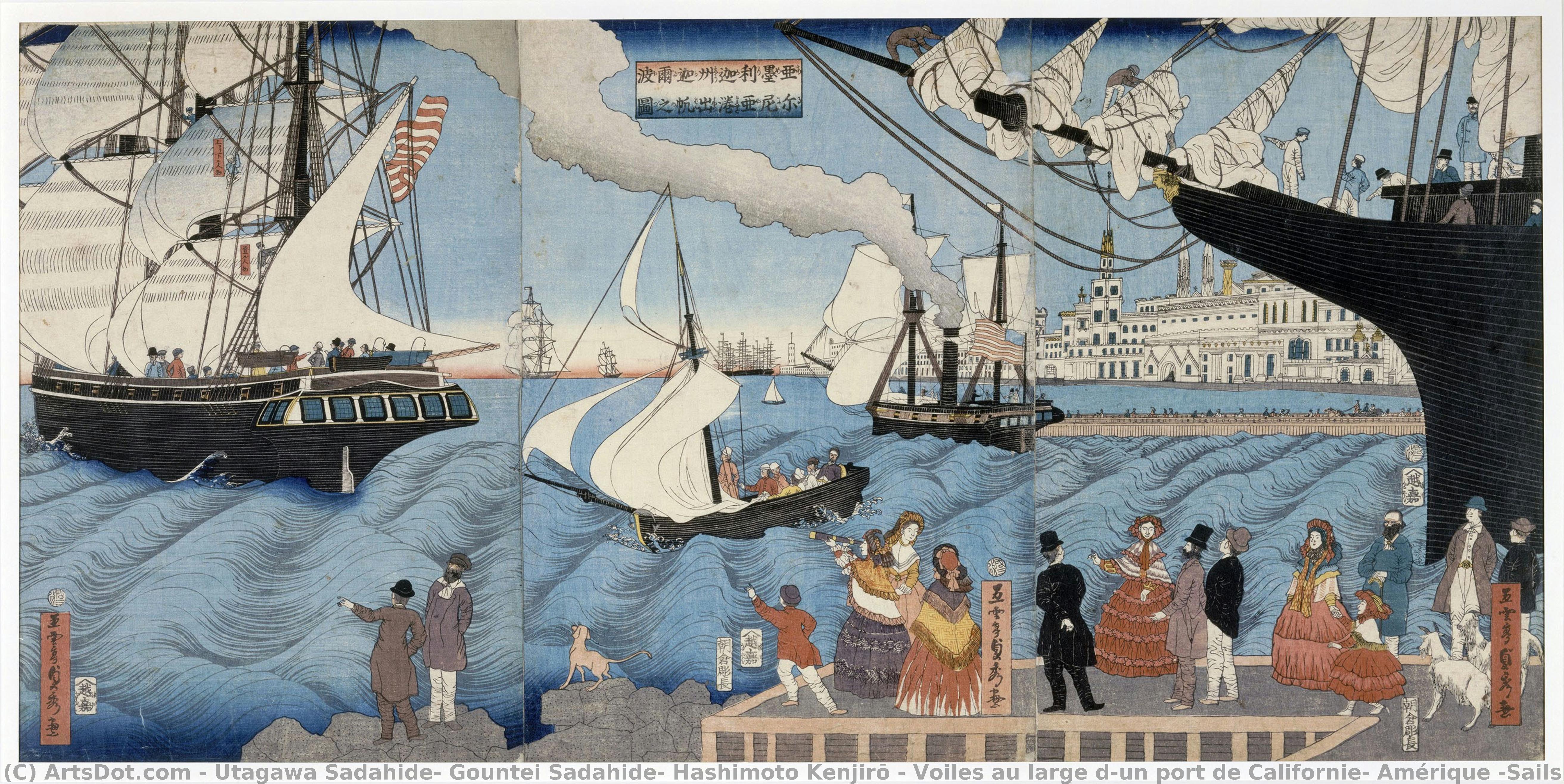Voiles Au Large D’un Port De Californie, Amérique (sails Off The Shores Of A Californian Port, America), Vers 1861-1864 — Utagawa Sadahide, Gountei Sadahide, Hashimoto Kenjirō