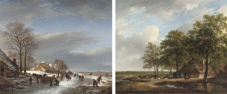 Townspeople Skating On A Frozen Stream; And A Farmhouse Amongst Trees In Summer — Andreas Schelfhout