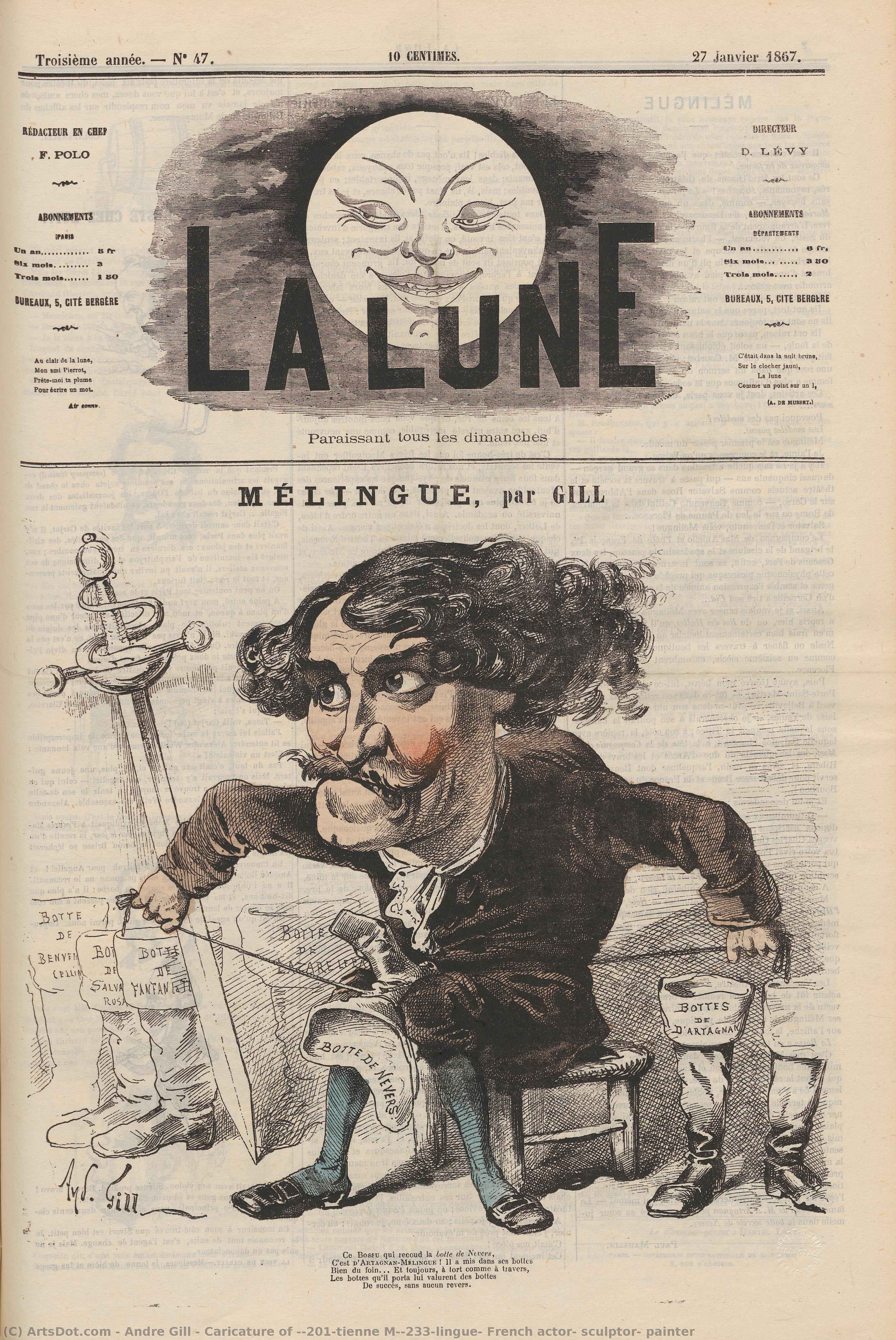 Caricature Of Étienne Mélingue, French Actor, Sculptor, Painter — André Gill