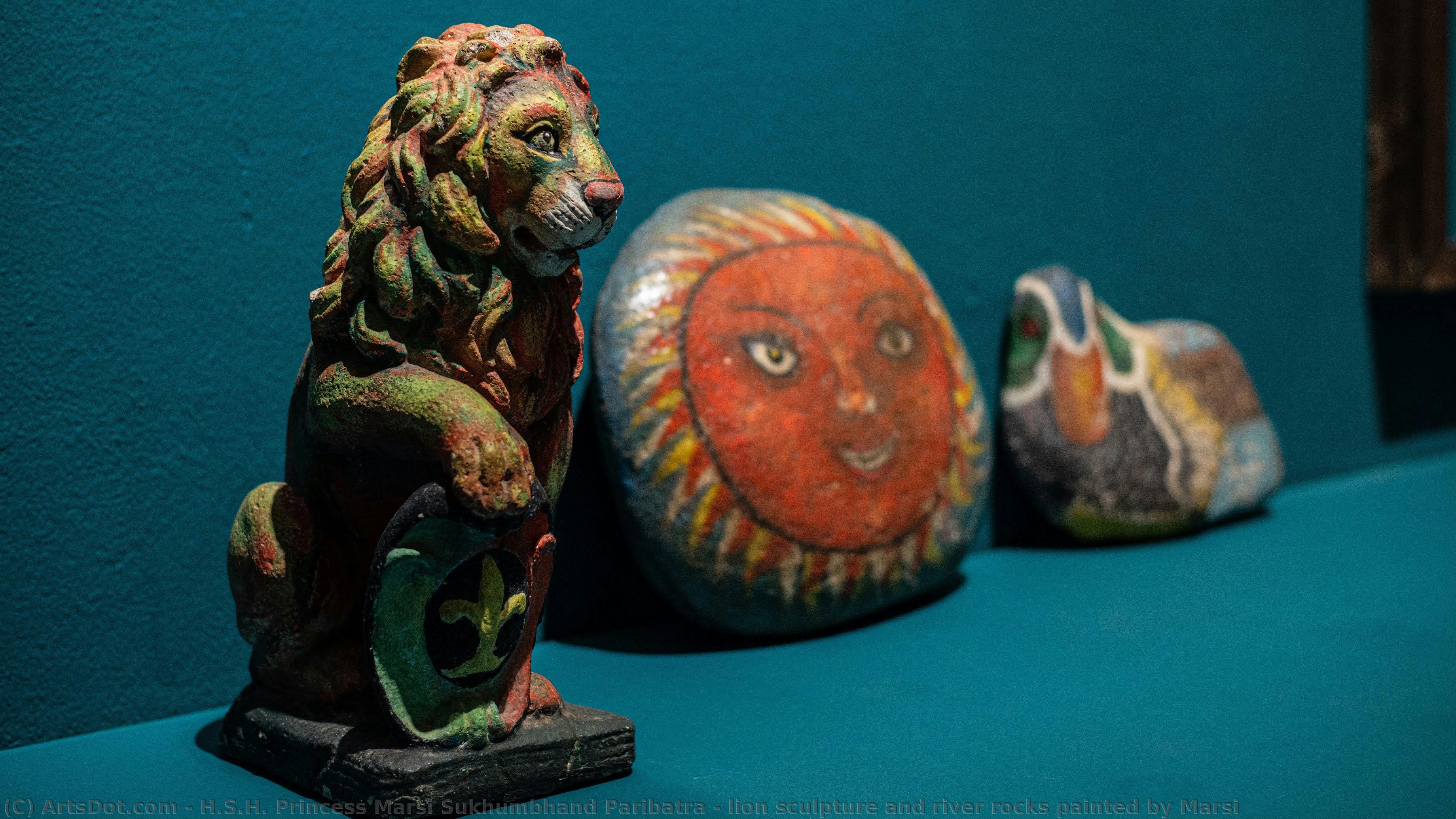 Lion Sculpture And River Rocks Painted By Marsi — H.s.h. Princess Marsi Sukhumbhand Paribatra