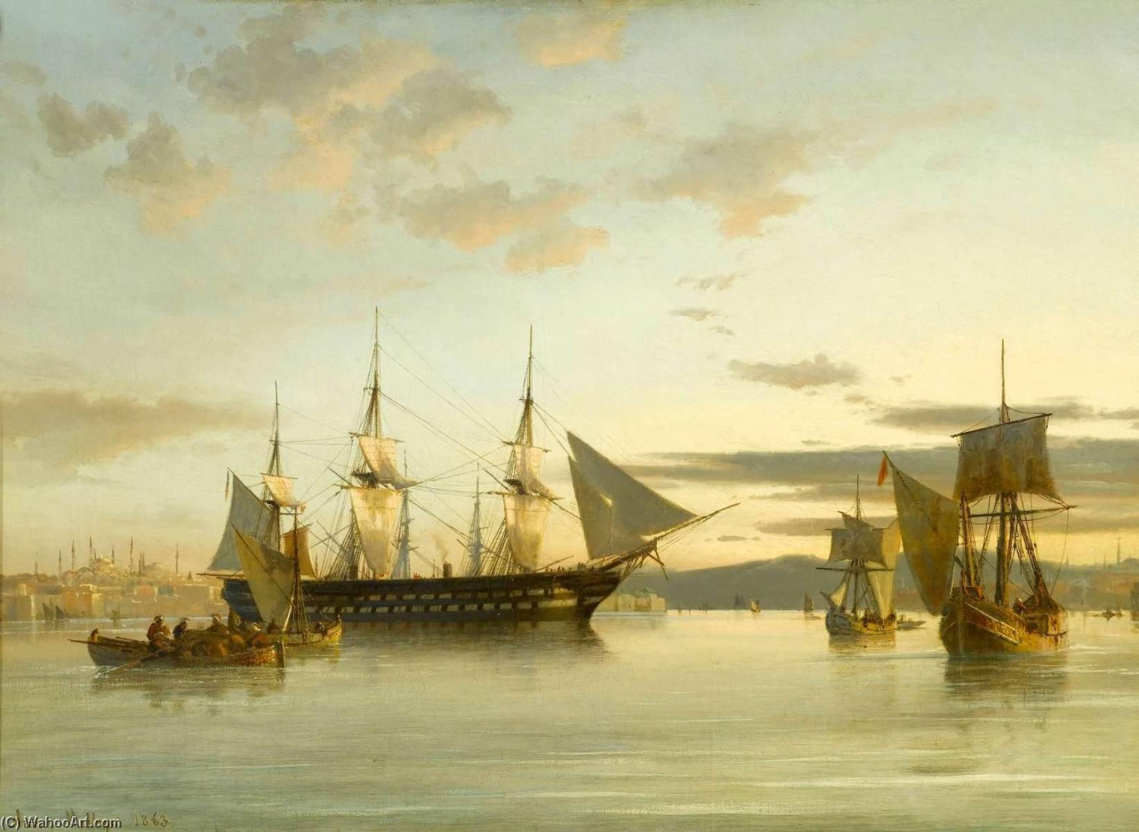 Ships In Calm Water On The Bosphorus — Anton Melbye (daniel Herman Anton Melbye)
