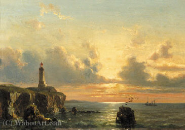 A Coastal Landscape With A Lighthouse At Sunset — Everhardus Koster