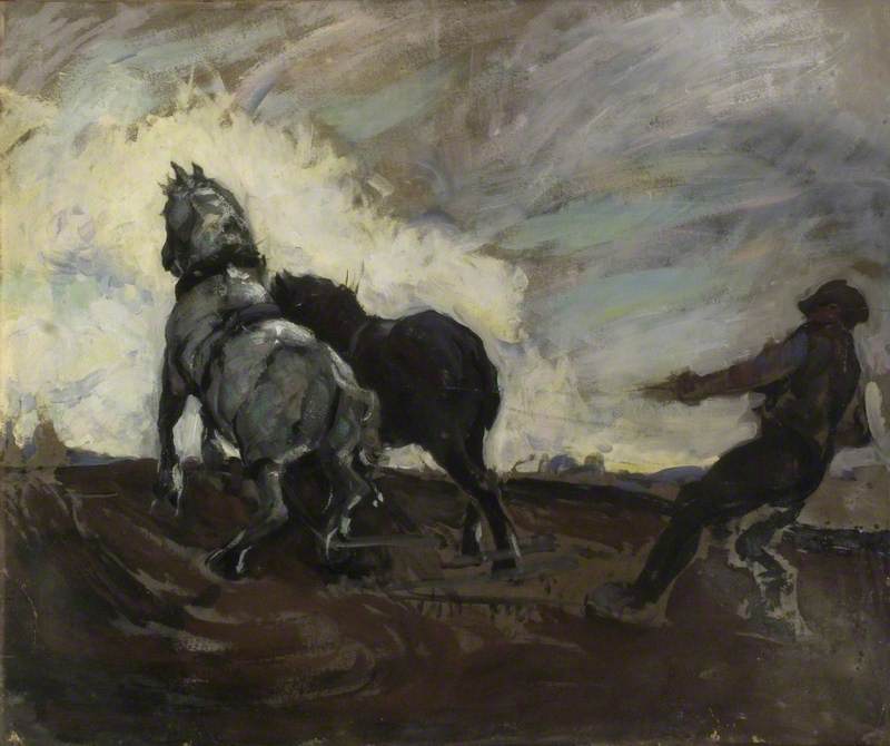 A Man Ploughing With Two Horses (sketch) — William Watt Milne