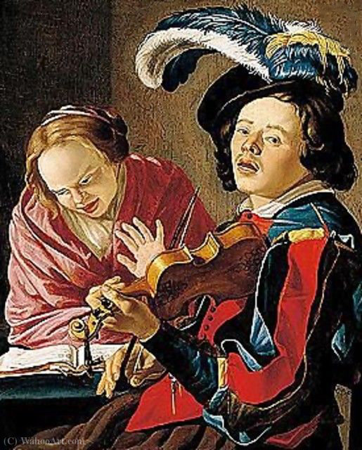 An Allegory Of The Sense Of Hearing An Interior With A Boy Playing The Violin And A Lady Singing — Christiaen Van Couwenbergh