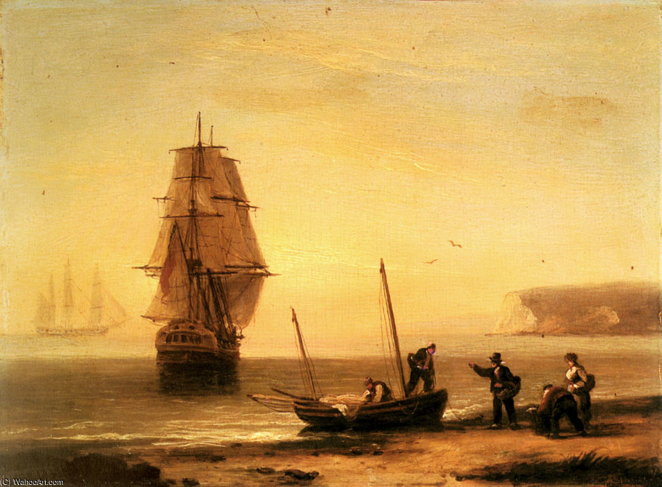 Fishermen Unloading The Catch With A Merchant Ship In Calm Water Off Brymer Bay Devon — Thomas Luny