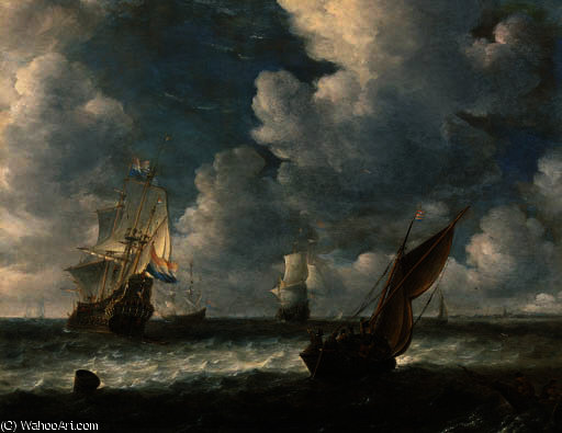 A Dutch Kaag Close Hauled In A Stiff Breeze With Men-o-war Beyond — Abraham Hendricksz. Van Beyeren