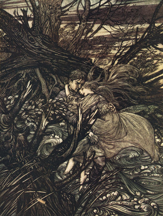 The Knight Took The Beautiful Girl In His Arms And Bore Her Over The Narrow Space Where The Stream Had Divided Her Little Island From The Shore — Arthur Rackham