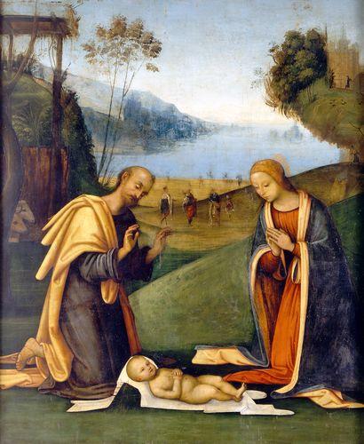 Adorazione Del Bambino Con I Magi In Lontananza(presepio) — Lorenzo Costa (the Elder)