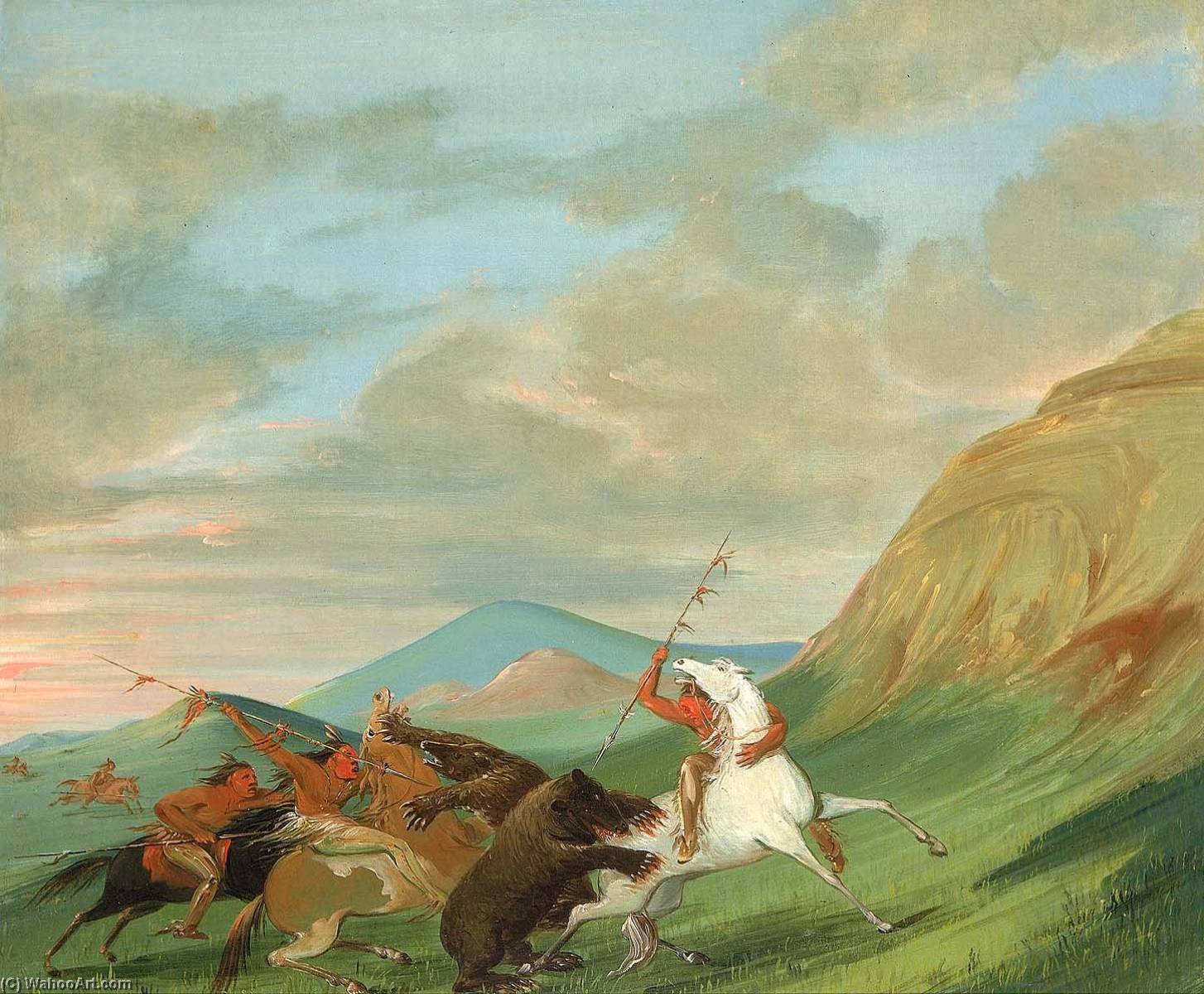 Grizzly Bears Attacking Indians On Horseback — George Catlin