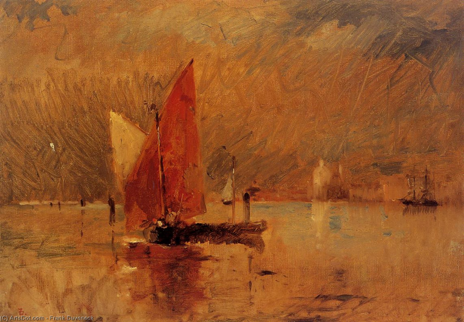 Red Sail In The Harbor At Venice — Frank Duveneck