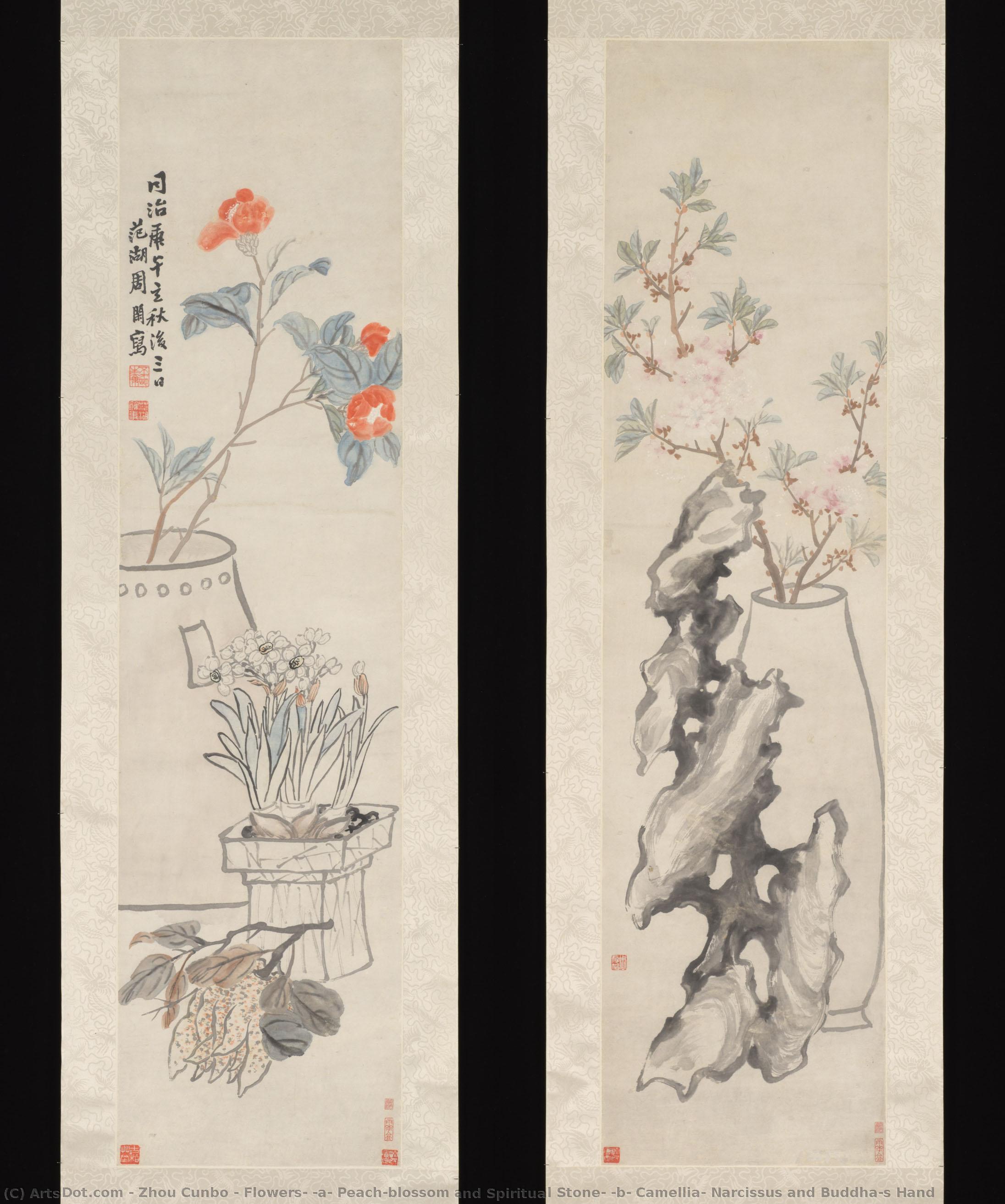 Flowers: (a) Peach-blossom And Spiritual Stone; (b) Camellia, Narcissus And Buddha's Hand — Zhou Cunbo