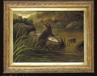 An Otter With A Salmon On A River Bank — A. Roland Knight