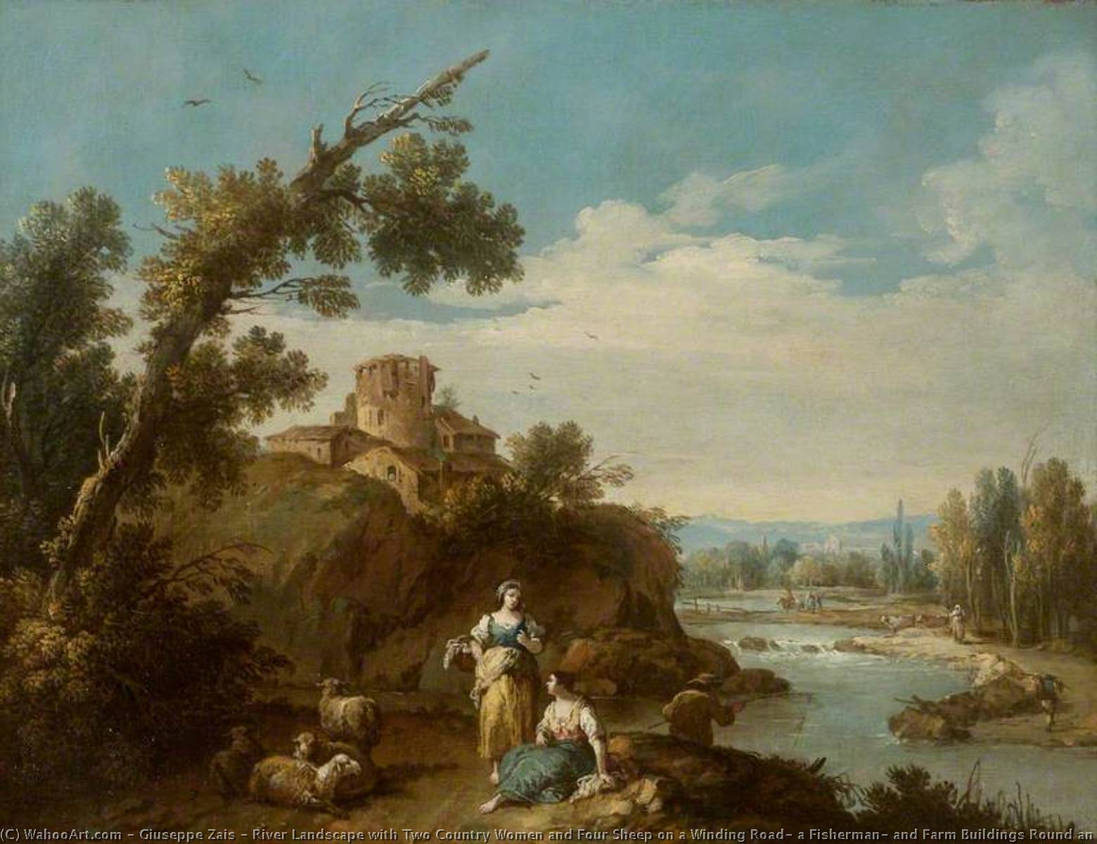 River Landscape With Two Country Women And Four Sheep On A Winding Road, A Fisherman, And Farm Buildings Round An Old Round Tower In The Middle — Giuseppe Zais