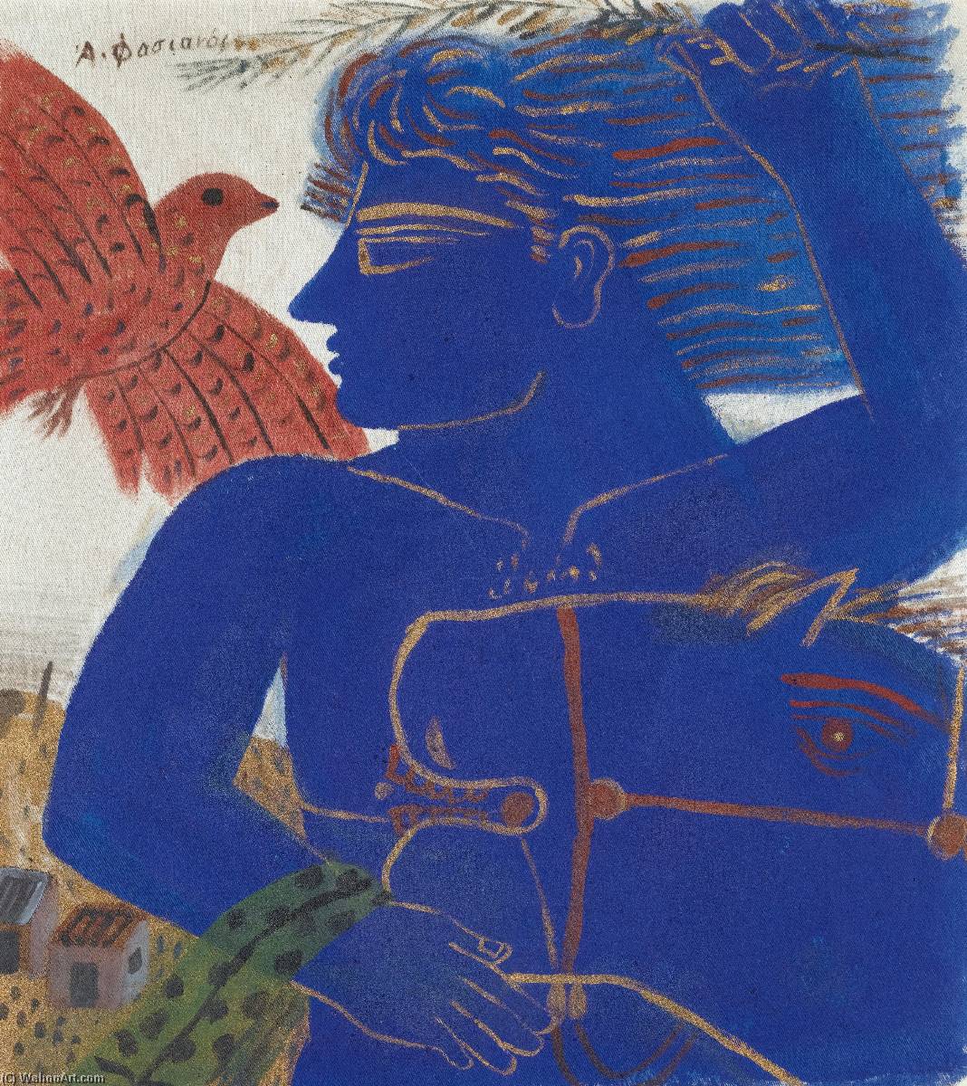 Blue Man With Bird — Alecos Fassianos