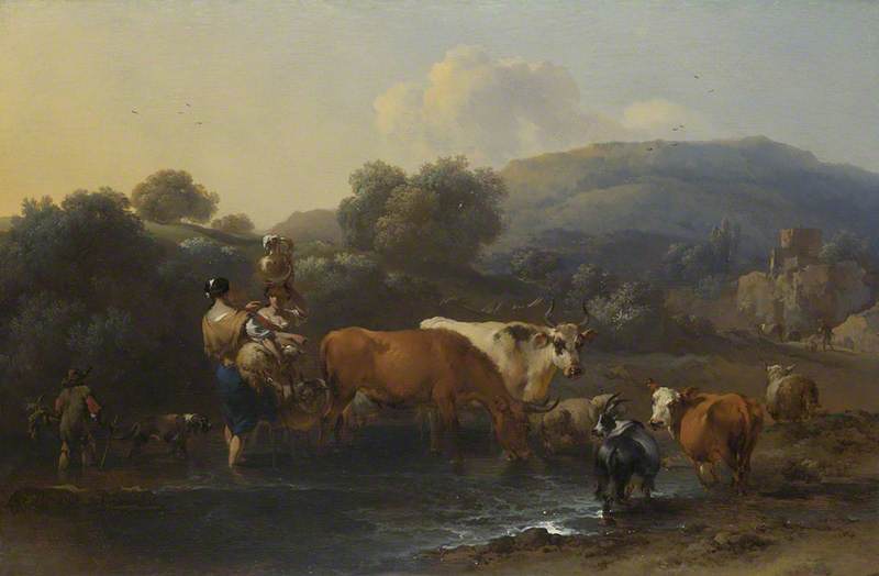 Peasants With Cattle Fording A Stream — Nicolaes Pietersz. Berchem
