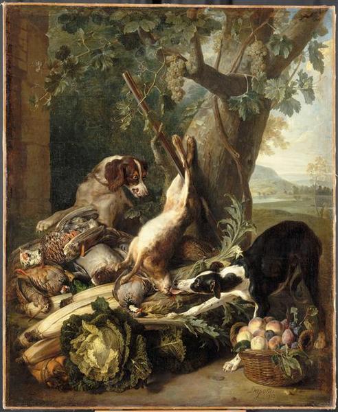 Gibier, Legumes, Fruits Et Deux Chiens — Alexandre-françois Desportes
