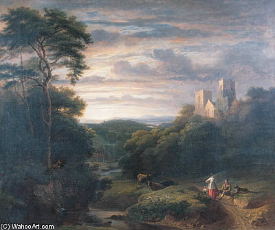 Figures Resting In A Wooded Valley With A Derelict Church On A Hilltop — James Arthur O Connor