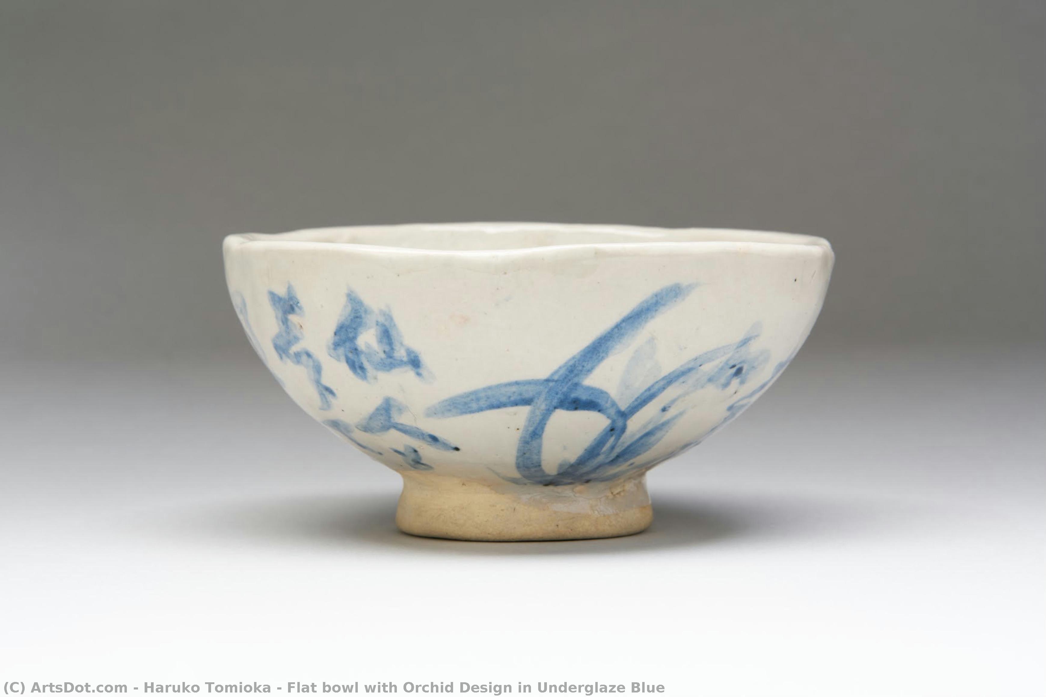Flat Bowl With Orchid Design In Underglaze Blue — Haruko Tomioka