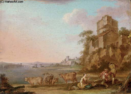 An Italianate River Landscape With Figures Making Music, Cattle Beyond — Balthasar Paul Ommeganck