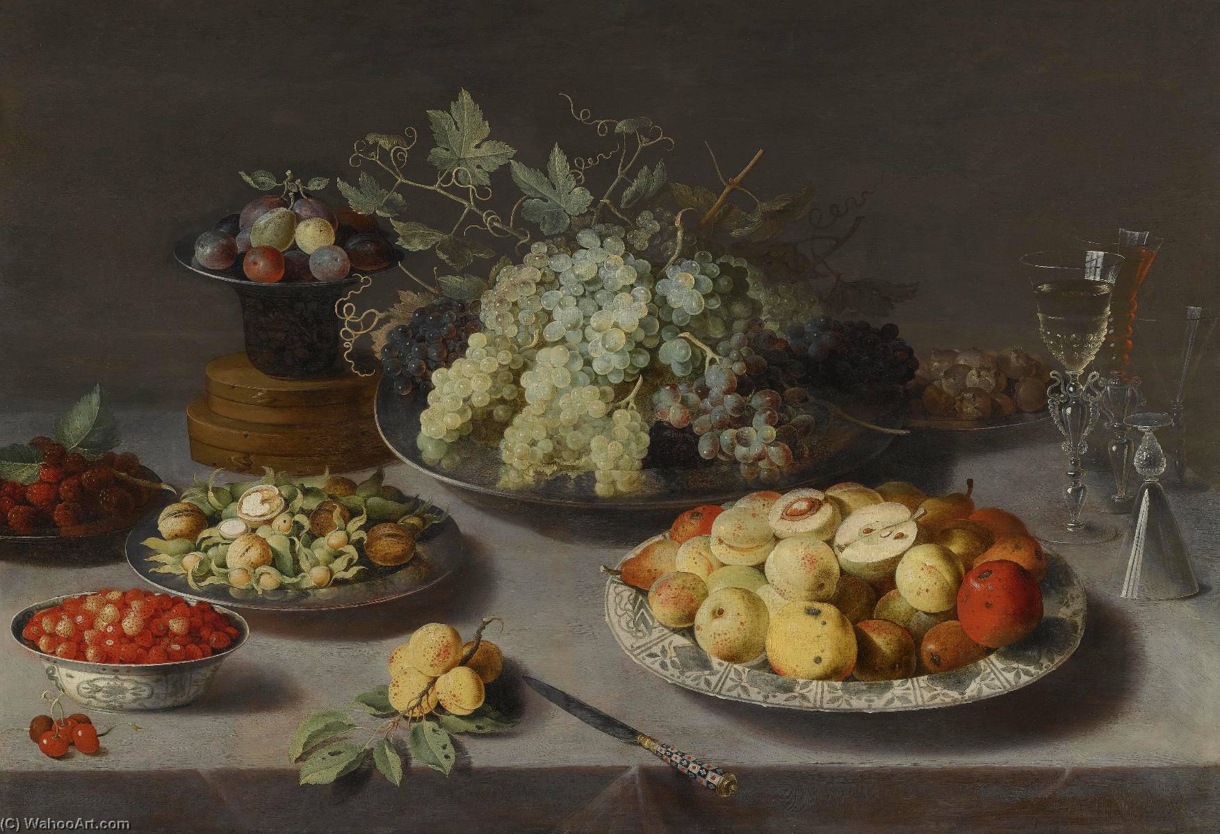 Still Life Of Grapes And Other Fruits With A Knife, Façon De Venise Wineglasses And Other Objects On A Draped Table — Osias Beert The Elder