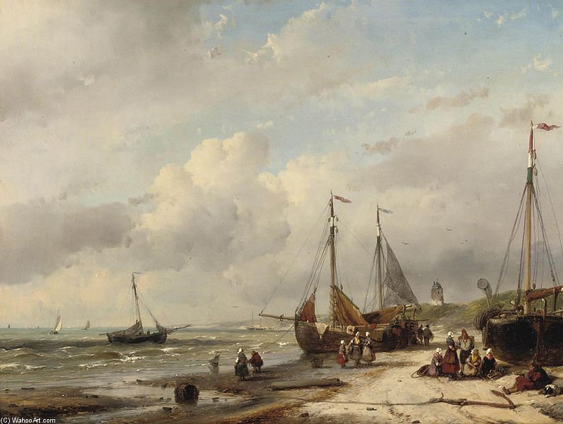 Fishermen And Fishing Boats Along The Dutch Coast — Andreas Schelfhout