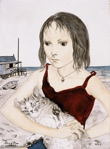Jeune Fille Avec Son Chat Sur La Plage — Léonard Tsuguharu Foujita